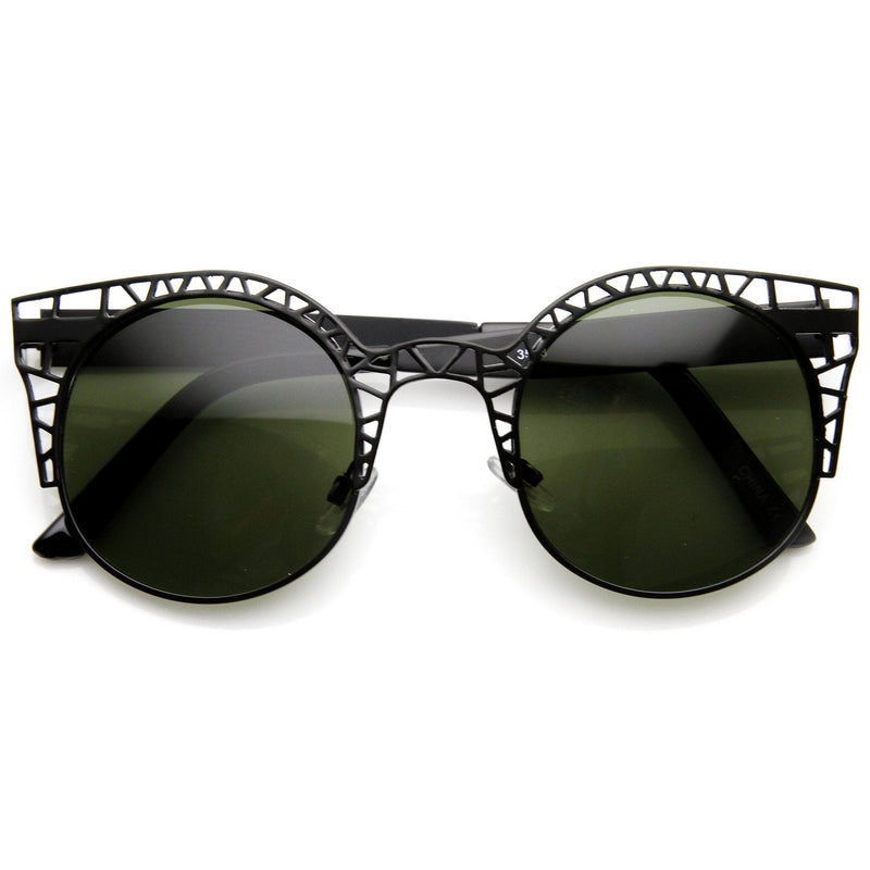 zeroUV Women's Indie Round Metal Laser Cut Mesh Cat Eye 9432 Sunglasses White Smoke Black