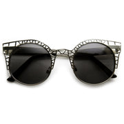 zeroUV Women's Indie Round Metal Laser Cut Mesh Cat Eye 9432 Sunglasses White Smoke Silver