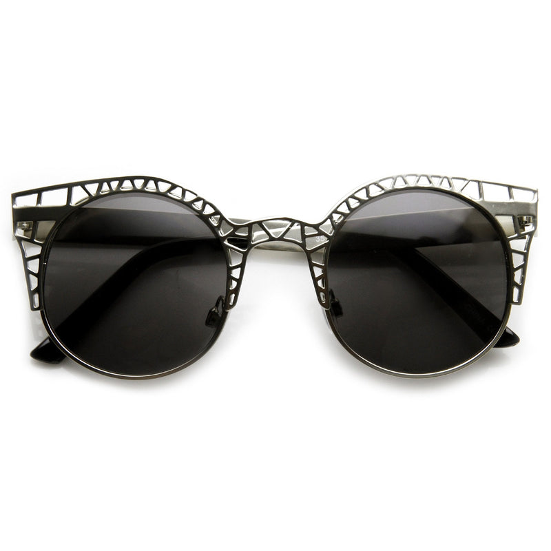zeroUV Women's Indie Round Metal Laser Cut Mesh Cat Eye 9432 Sunglasses White Smoke Silver