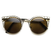 zeroUV Women's Indie Round Metal Laser Cut Mesh Cat Eye 9432 Sunglasses White Smoke Rose Gold