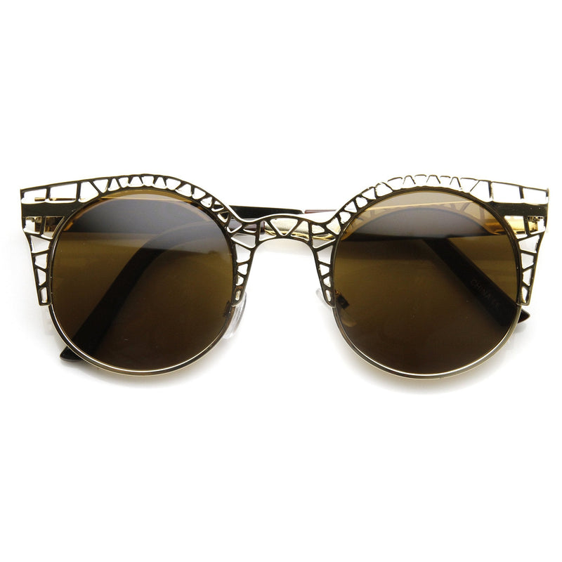 zeroUV Women's Indie Round Metal Laser Cut Mesh Cat Eye 9432 Sunglasses White Smoke Rose Gold