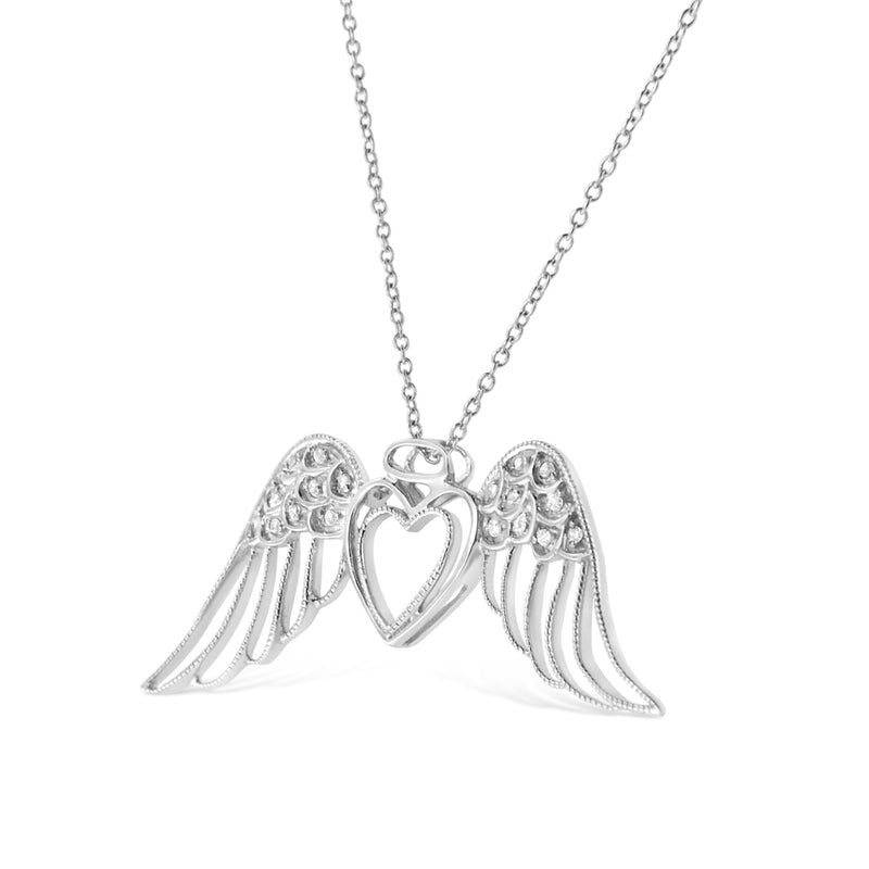 Bids.com .925 Sterling Silver Pave-Set Diamond Accent Angel Wing 18" Double Heart Pendant Necklace (I-J Color, I1-I2 Clarity) Necklaces White Smoke White.Sterling Silver / 18