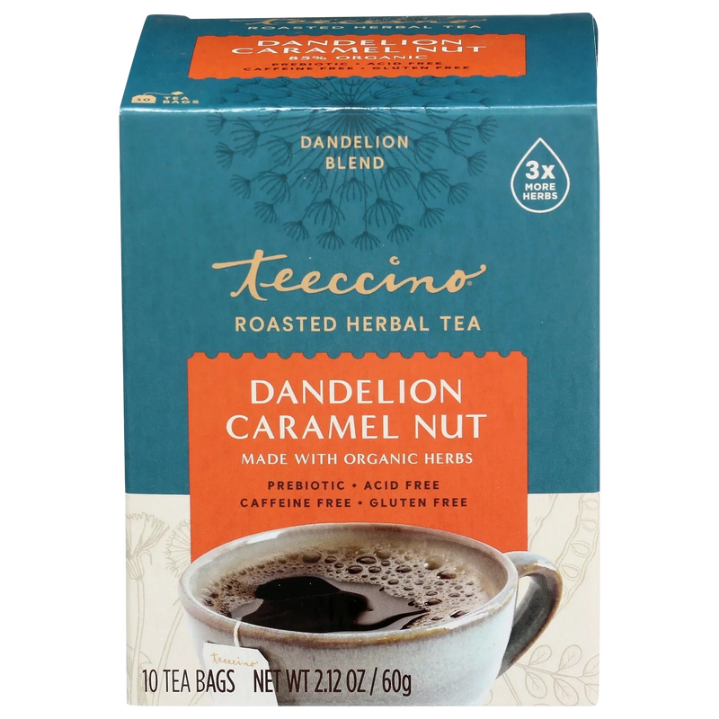 Teeccino Dandelion Caramel Nut Roasted Herbal Tea Herbal Tea Steel Blue 25 tea bags,10 tea bags,50ct loose tagless tea bags