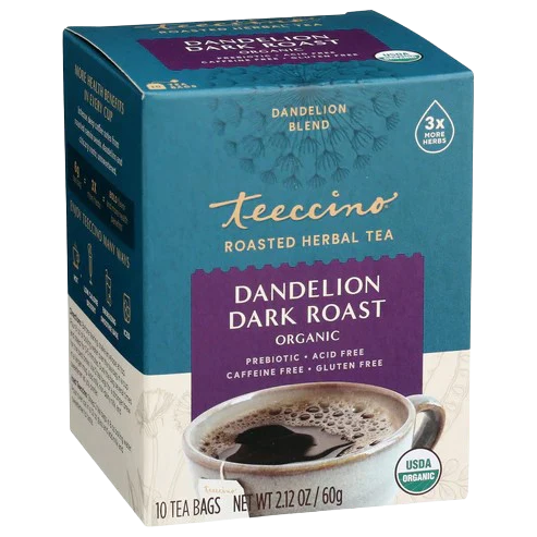 Teeccino Dandelion Dark Roast Roasted Herbal Tea Herbal Tea Steel Blue 25 tea bags,10 tea bags,50 tagless eco-friendly tea bags