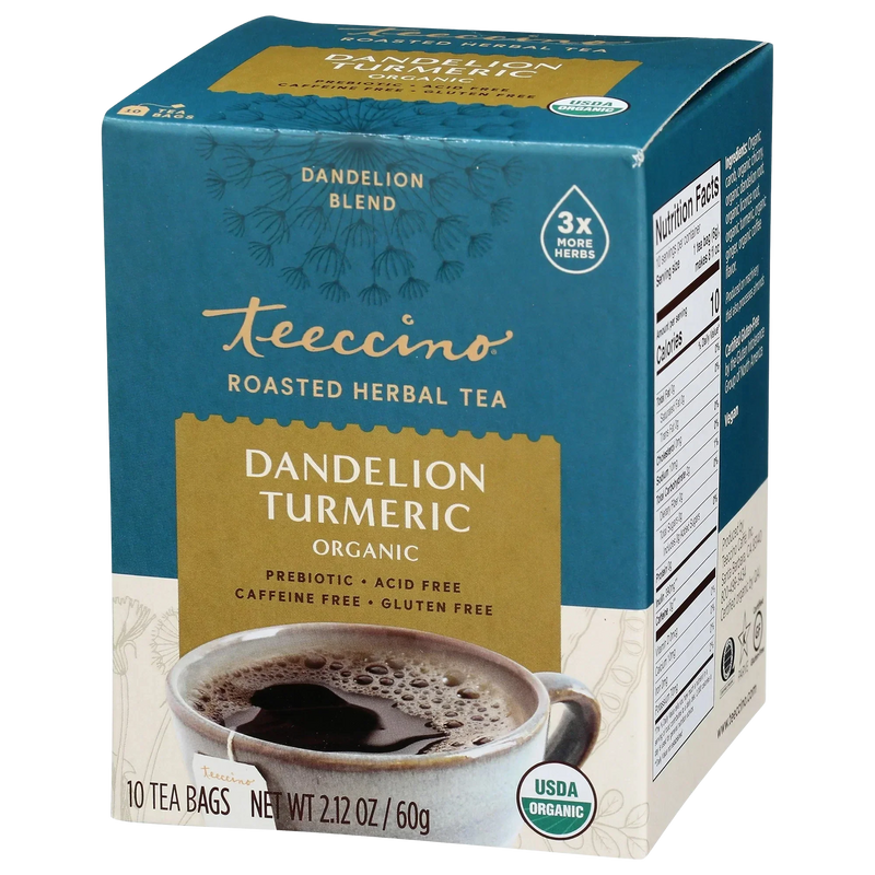 Teeccino Dandelion Turmeric Roasted Herbal Tea Herbal Tea Sea Green 25 tea bags,10 tea bags