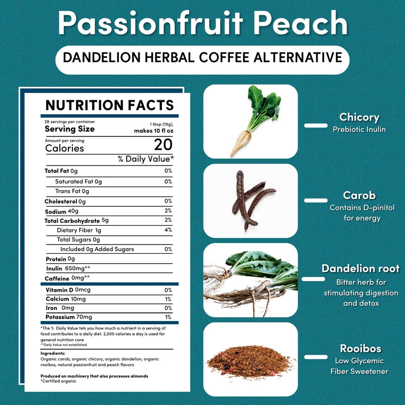 Teeccino Dandelion Passionfruit Peach Herbal Coffee Herbal Coffee White Smoke 10 ounce ground,Trial Size