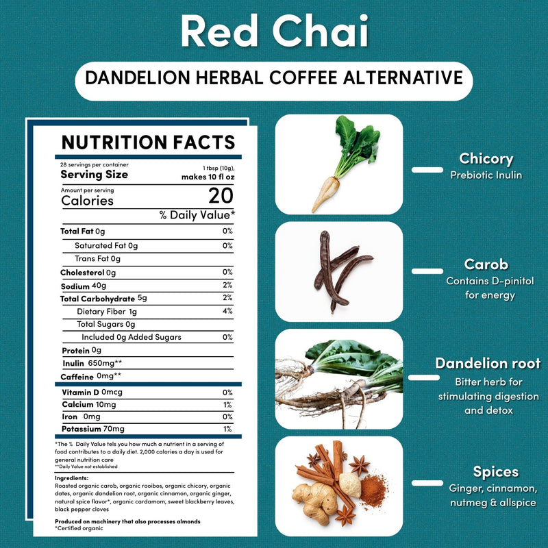 Teeccino Dandelion Red Chai Herbal Coffee Herbal Coffee White Smoke 10 ounce ground,Trial Size