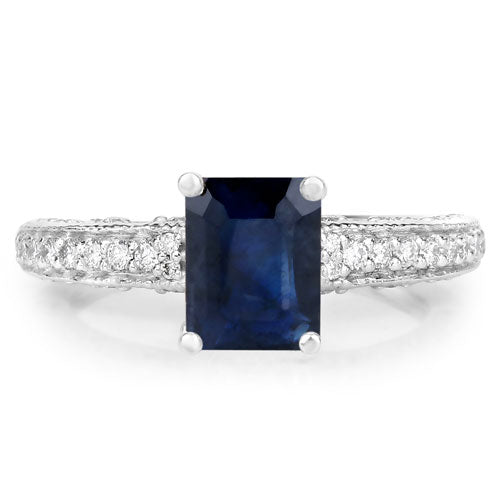 Bids.com 1.55 Carat Genuine Blue Sapphire and White Diamond 14K White Gold Ring (I Color, SI Clarity) Rings White Smoke size 7.00,size 6.00,size 8.00