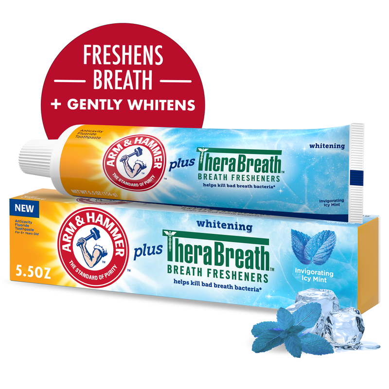 Arm & Hammer Arm & Hammer Plus TheraBreath Toothpaste, Fluoride, Anticavity, Whitening, Breath Fresheners, Invigorating Icy Mint, 5.5 Ounce Toothpaste White Smoke