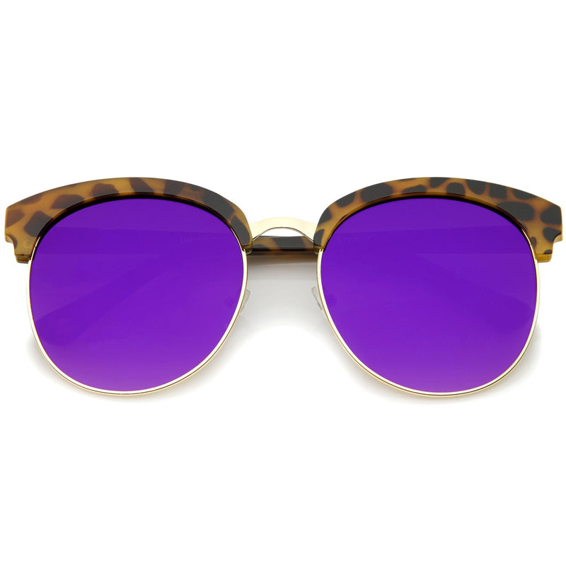 zeroUV Women's Oversize Round Half Frame Flash Lens Sunglasses A388 Sunglasses White Smoke Tortoise Gold Purple Mirror