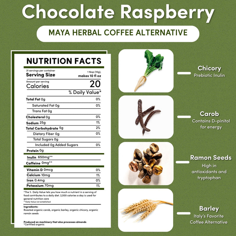 Teeccino Chocolate Raspberry Chicory Herbal Coffee Herbal Coffee White Smoke 11 ounce ground,5lb ground,Trial Size