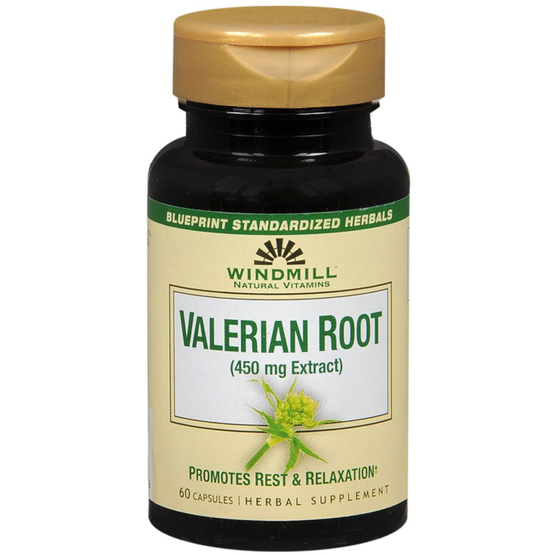Windmill Valerian Root 450 mg – Natural Herbal Sleep Aid & Relaxation, 60 Caplets Vitamins & Supplements Black