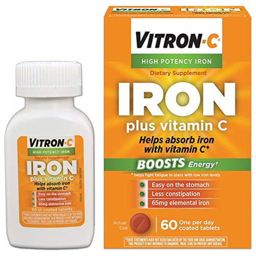 Vitron-C Vitron-C Iron Supplement with Vitamin C, High Potency Iron for Energy Support, 60 Coated Tablets Vitamins & Supplements White Smoke