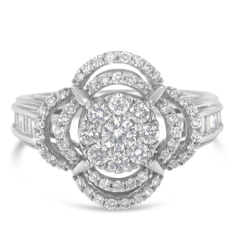 Bids.com 14K White Gold 1.0 Cttw Round & Baguette Cut Diamond Floral Cluster Quatrefoil Channel Set Band Cocktail Statement Ring (H-I Color, SI2-I1 Clarity) - Size 6-3/4 Rings White Smoke 7 / White.Gold,7.25 / White.Gold,6.75 / White.Gold