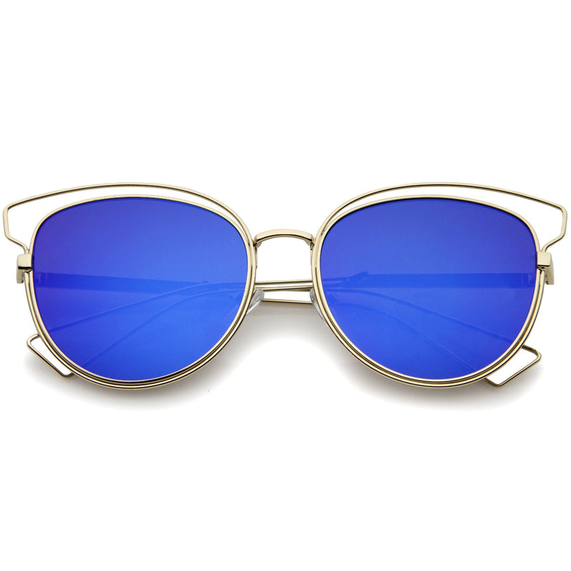 zeroUV Women's Modern Flat Lens Cat Eye Metal Sunglasses A323 Sunglasses White Smoke Gold Blue Mirror
