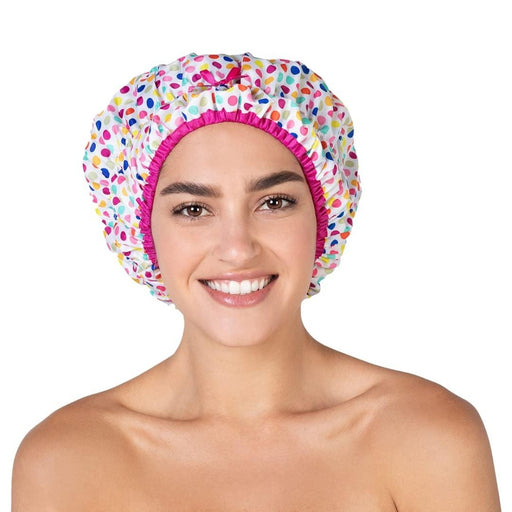 Betty Dain Betty Dain Fashionista Collection Mold Resistant Lined Shower Cap, Deco Dots Shower Caps White Smoke