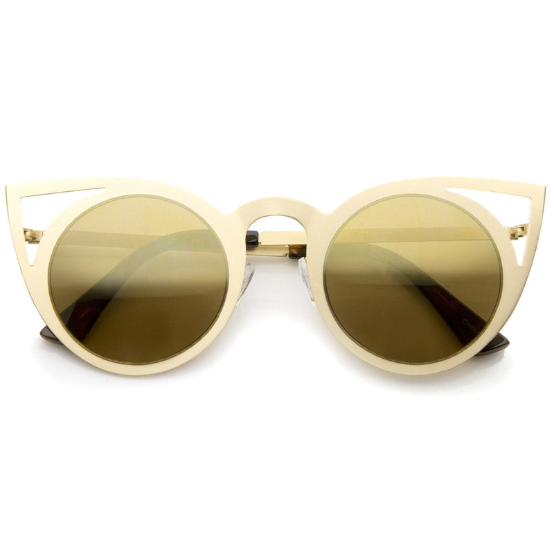 zeroUV Women's Laser Cut Round Metal Mirror Lens Sunglasses A102 Sunglasses White Smoke Gold Brown Mirror
