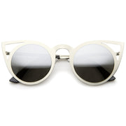 zeroUV Women's Laser Cut Round Metal Mirror Lens Sunglasses A102 Sunglasses White Smoke Silver Silver Mirror