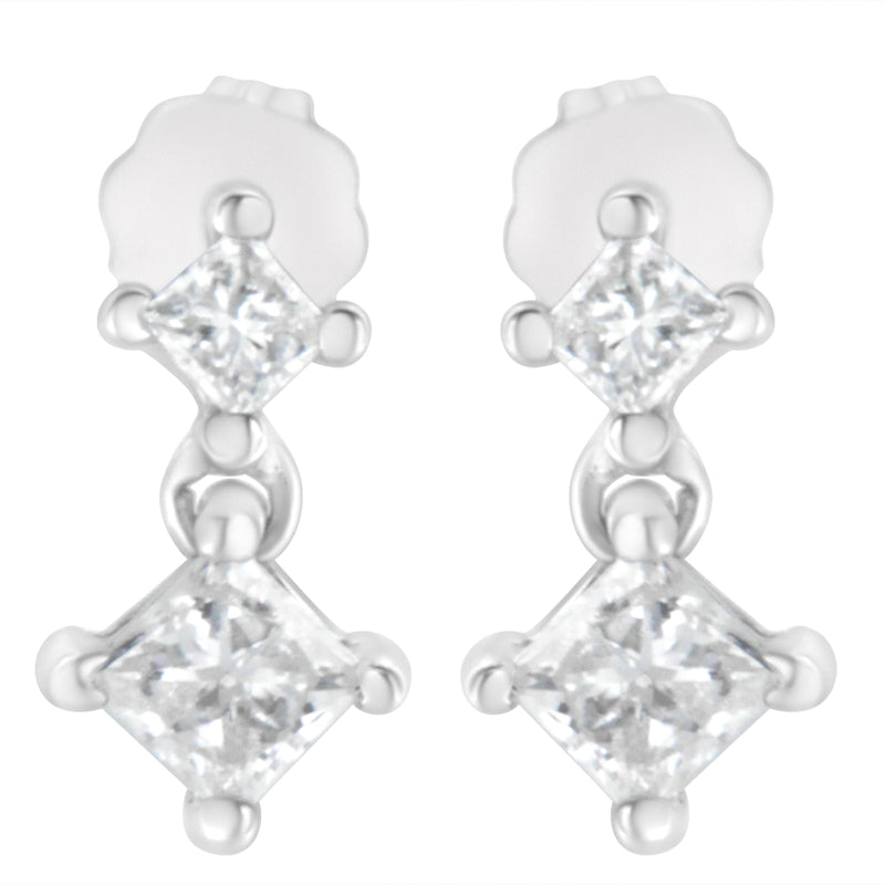 Bids.com 14K White Gold 3/4 cttw Double Diamond Princess-Cut Stud Earrings (I-J Clarity, I2-I3 Color) Earrings White Smoke White.Gold / 0.75