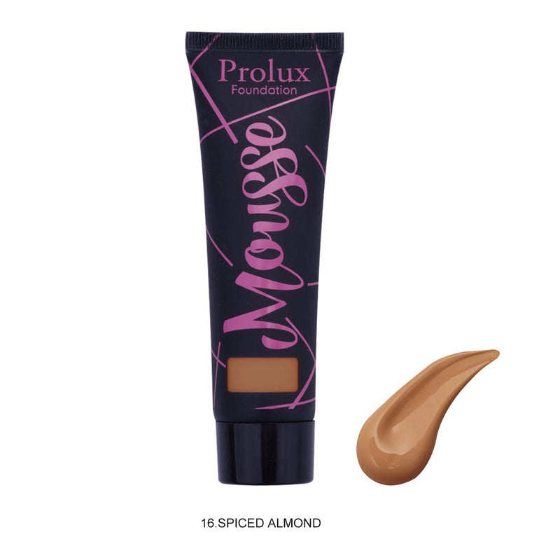 Prolux Cosmetics Mousse Foundation Face Foundation Rosy Brown 1 Natural Beige,2 Soft Ivory,3 Creamy Beige,4 Medium Beige,5 Soft Beige,6 Dark Beige,11 Golden Neutral,12 Nude Fair,13 Honey,14 honey Fair,15 Golden Dark,16 Spiced Almond