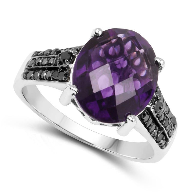Bids.com 3.96 Carat Genuine Amethyst & Black Diamond .925 Sterling Silver Ring Rings White Smoke size 7.00,size 6.00,size 8.00,size 9.00