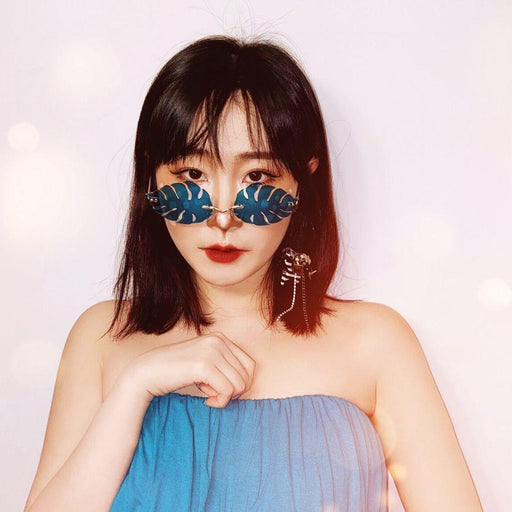 zeroUV Tropical Palm Leaf Shape Cut-Out Rimless Color Tinted Leaves Sunglasses D075 Sunglasses Misty Rose Gold / Teal,Gold / Red,Gold / Pink,Gold / Purple,Gold / Smoke,Gold / Yellow
