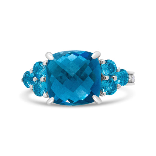 Bids.com 18K White Gold 10mm Cushion Shaped Blue Topaz and 1/6 Cttw Diamond 3 Stone Style Ring (F-G Color, VS1-VS2 Clarity) - Ring Size 6.5 Rings White Smoke 6.5 / White.Gold