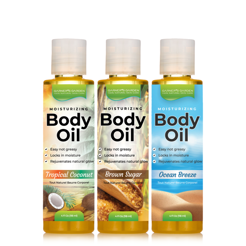 Garner's Garden Natural Body Oil - Natural Fragrance Body Oil White Smoke 4 oz Tropical Coconut Body Oil,4 oz Brown Sugar Body Oil,4 oz Ocean Breeze Body Oil