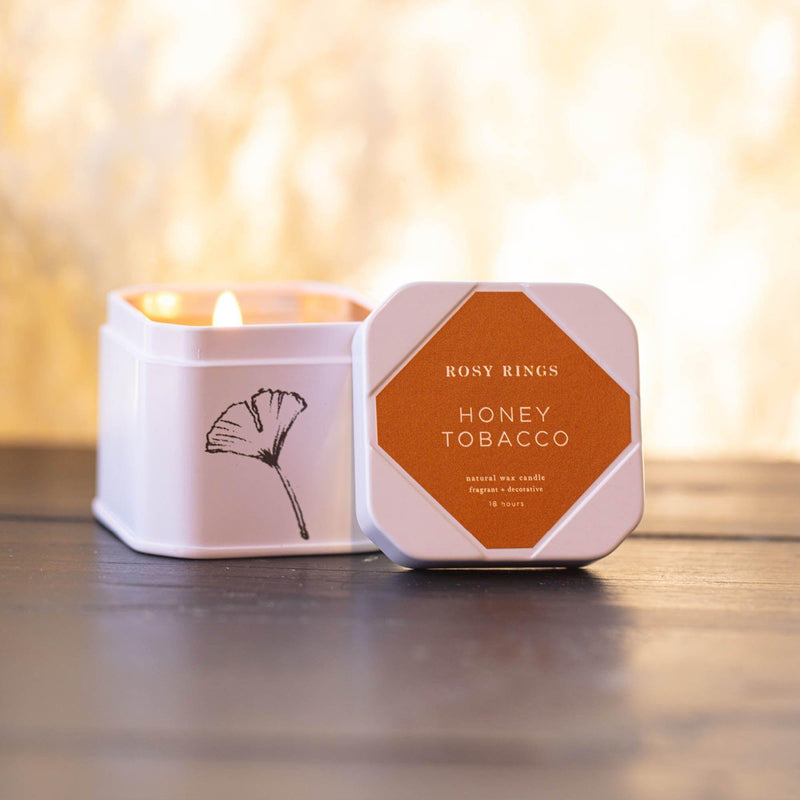 Rosy Rings Petite Tin Candle - Honey Tobacco Travel Tin Candle Wheat