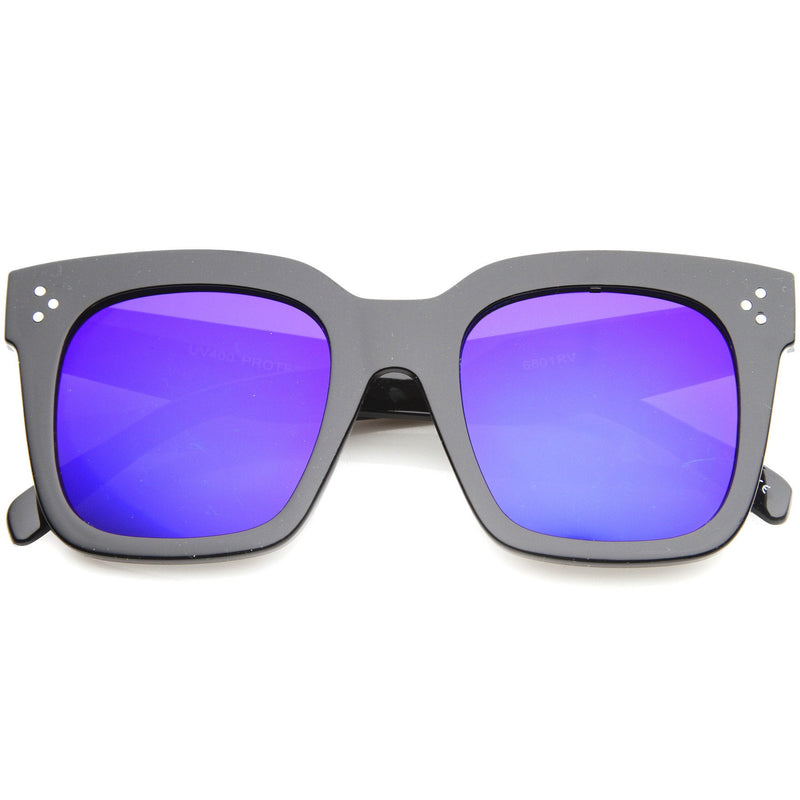 zeroUV Bold Oversize Flat Mirror Lens Square Frame Horn Rimmed Sunglasses 50mm - A100 Sunglasses White Smoke Shiny Black Blue Mirror