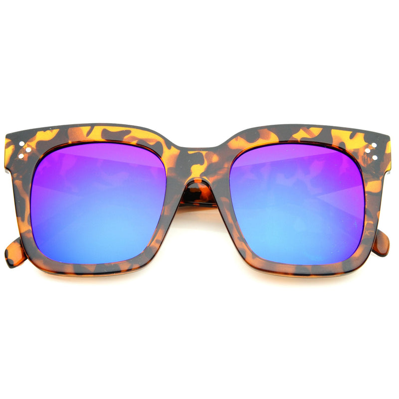 zeroUV Bold Oversize Flat Mirror Lens Square Frame Horn Rimmed Sunglasses 50mm - A100 Sunglasses White Smoke Tortoise Blue Purple Mirror
