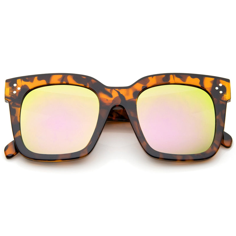 zeroUV Bold Oversize Flat Mirror Lens Square Frame Horn Rimmed Sunglasses 50mm - A100 Sunglasses White Smoke Tortoise Pink Yellow Mirror