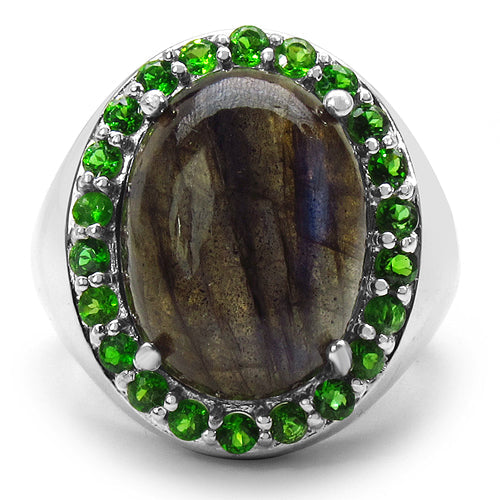 Bids.com 11.90 Carat Genuine Labradorite & Chrome Diopside .925 Sterling Silver Ring Rings White Smoke size 8.00,size 6.00,size 7.00,size 8.50,size 5.00,size 5.50,size 6.50,size 7.50,size 9.00,size 10.00,size 10.50
