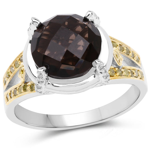 Bids.com 3.28 Carat Genuine Smoky Quartz, Yellow Diamond & White Diamond .925 Sterling Silver Ring Rings White Smoke size 6.00,size 7.00,size 8.00,size 9.00,size 5.00,size 10.00,size 4.00