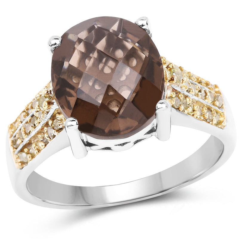 Bids.com 4.87 Carat Genuine Smoky Quartz and Yellow Diamond .925 Sterling Silver Ring Rings White Smoke size 9.00,size 6.00,size 7.00,size 8.00,size 5.00