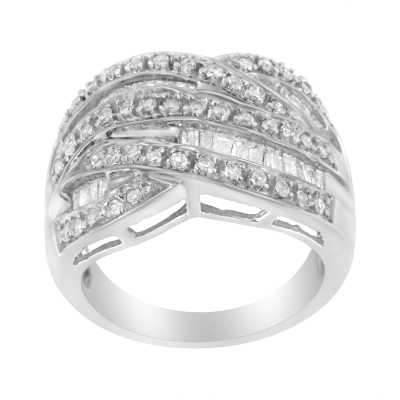 Bids.com .925 Sterling Silver 1.0 Cttw Channel Set Alternating Round and Baguette Diamond Cross-over Bypass Ring Band (I-J Color, I2-I3 Clarity) - Size 7 Rings White Smoke 8 / White.Sterling Silver,6 / White.Sterling Silver,7 / White.Sterling Silver,9 / White.Sterling Silver
