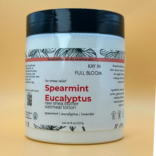 Kay in Full Bloom Spearmint Eucalyptus Oatmeal Body Lotion Dark Gray Jar