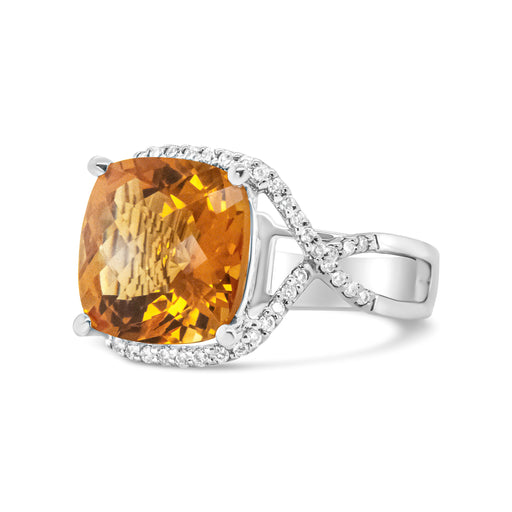 Bids.com 14K White Gold 12mm Cushion Cut Yellow Citrine Gemstone and 1/3 Cttw Round Pave-Set Diamond Ring - (H-I Color, VS1-VS2 Clarity)- Size 6.5 Rings White Smoke 6.5 / White.Gold