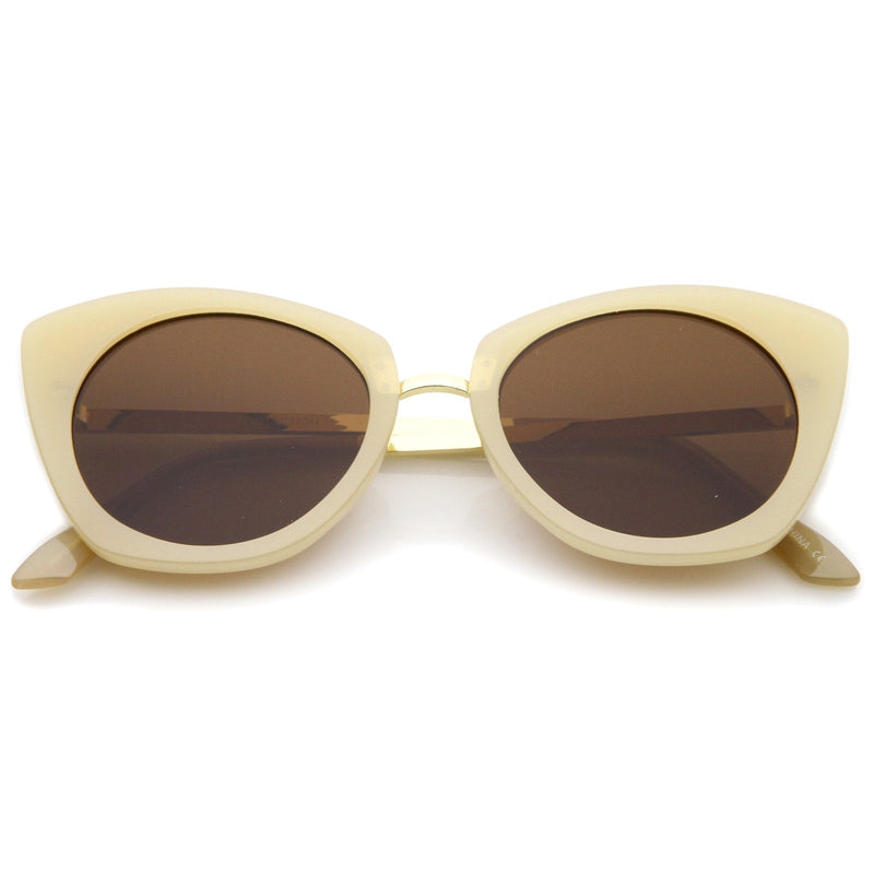 zeroUV Women's Bold Round Metal Temple Cat Eye Sunglasses A526 Sunglasses White Smoke Creme Gold Brown