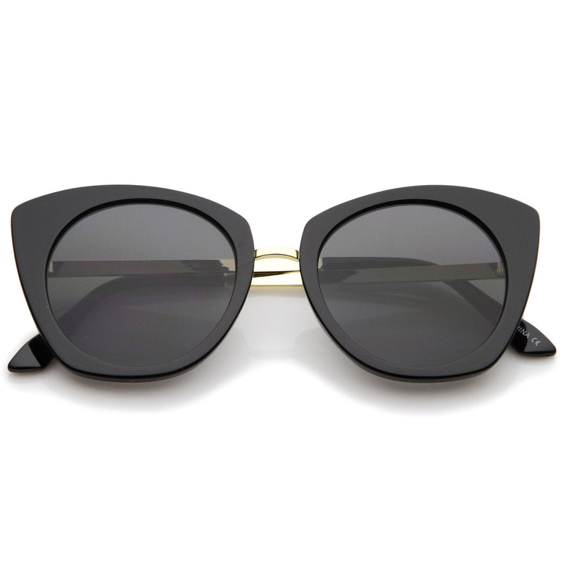 zeroUV Women's Bold Round Metal Temple Cat Eye Sunglasses A526 Sunglasses Dark Slate Gray Black Gold Smoke