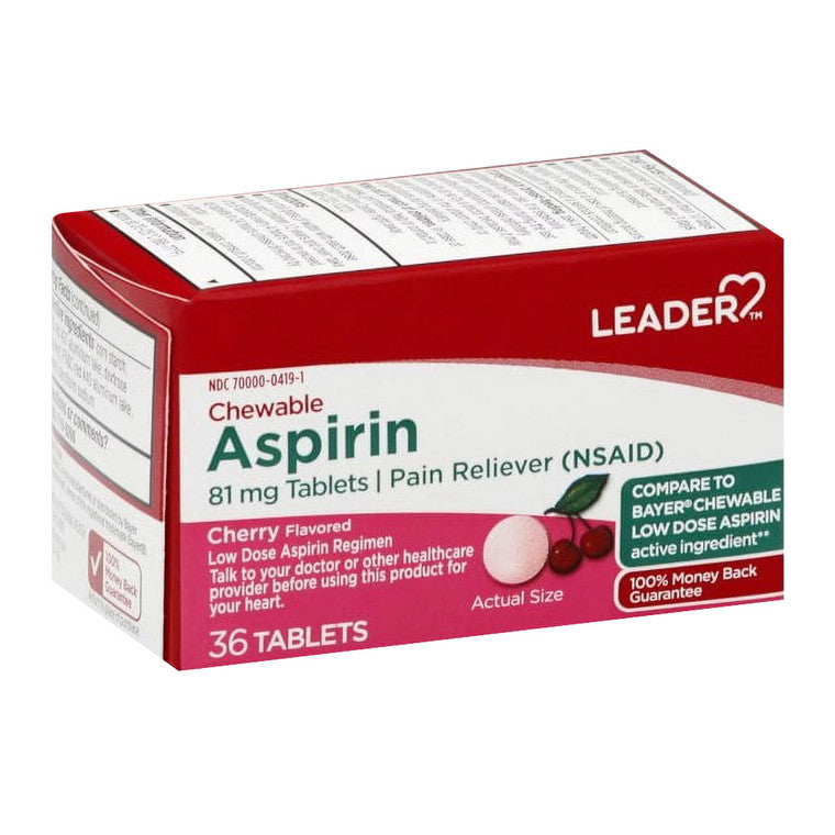 Perrigo Perrigo Leader, Aspirin, 81 Mg, Chewable, Tablets, Cherry Flavored Medicine & Drugs White Smoke