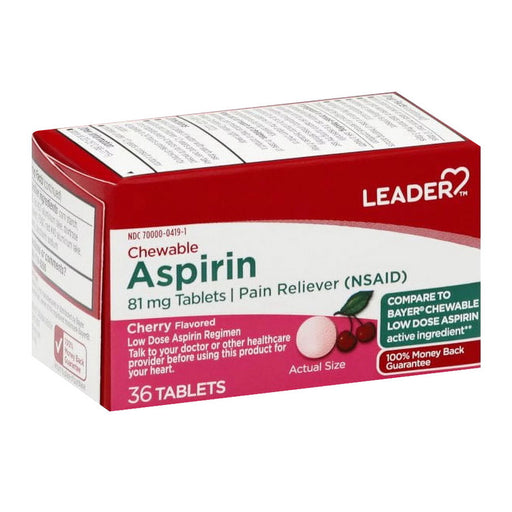 Perrigo Perrigo Leader, Aspirin, 81 Mg, Chewable, Tablets, Cherry Flavored Medicine & Drugs White Smoke