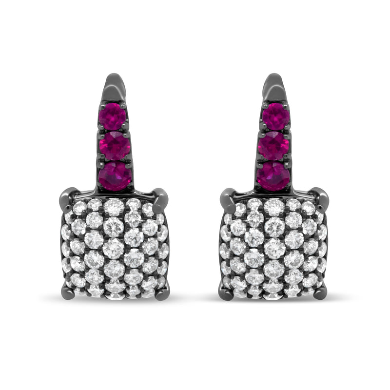 Bids.com Black Rhodium Plated 18K White Gold 7/8 Cttw Round Diamond and Graduated Red Ruby Drop Earrings (F-G Color, VS1-VS2 Clarity) Earrings White Smoke White.Gold / 0.84