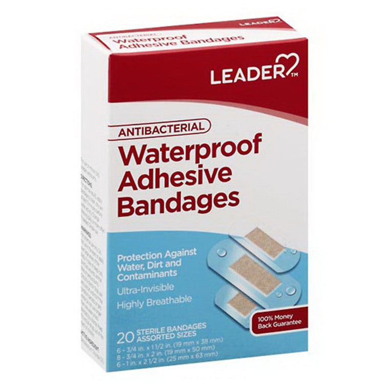 Leader Leader™ Antibacterial Waterproof Bandages – 20 Count Pack Medical Tape & Bandages Light Gray