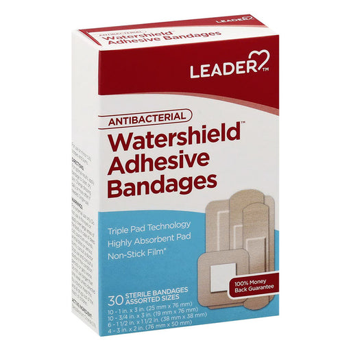 Leader Health Care Leader™ Antibacterial Watershield Adhesive Bandages – Assorted Sizes (30 Count) Medical Tape & Bandages Light Gray