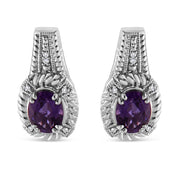 Bids.com .925 Sterling Silver 8x6 MM Natural Oval Purple Amethyst Gemstone and Diamond Accent Art Deco Style Drop and Dangle Earrings (I-J Color, I1-I2 Clarity) Earrings White Smoke White.Sterling Silver / 0.052