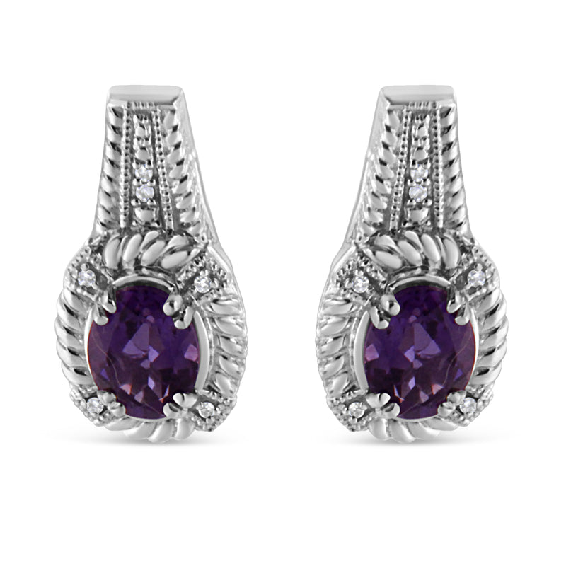Bids.com .925 Sterling Silver 8x6 MM Natural Oval Purple Amethyst Gemstone and Diamond Accent Art Deco Style Drop and Dangle Earrings (I-J Color, I1-I2 Clarity) Earrings White Smoke White.Sterling Silver / 0.052