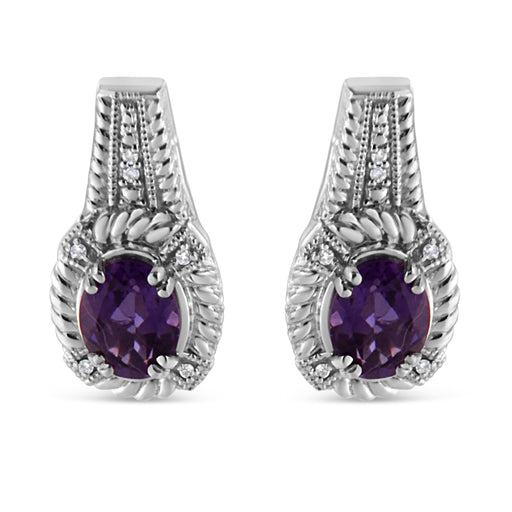Bids.com .925 Sterling Silver 8x6 MM Natural Oval Purple Amethyst Gemstone and Diamond Accent Art Deco Style Drop and Dangle Earrings (I-J Color, I1-I2 Clarity) Earrings White Smoke White.Sterling Silver / 0.052