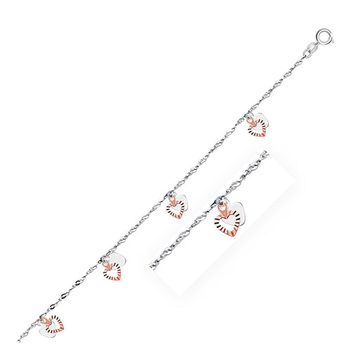 Bids.com 14k White and Rose Gold Anklet with Dual Heart Charms Accessories White Smoke 10 / White & Rose Gold