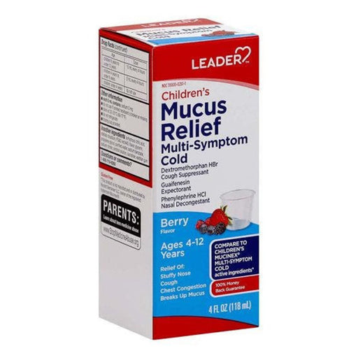 Leader Health Care Leader Health Care Childrens Liquid Mucus Relief Multi Symptom Cold, 4 Oz Medicine Cabinets Light Gray